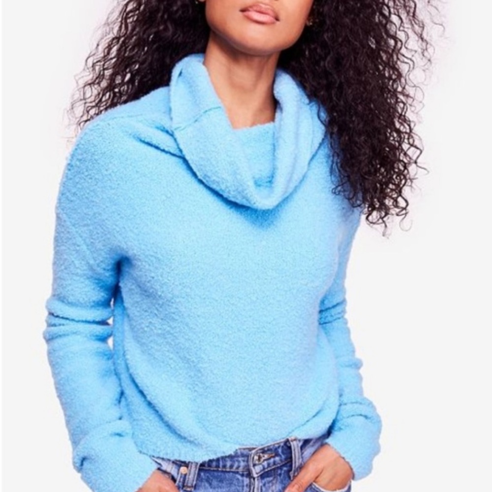 Free People Stormy Blue Boucle Cowl Neck Turtleneck Sweater